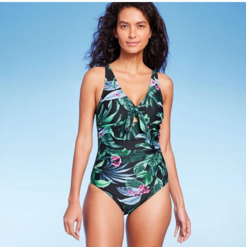 Green and Pink One Piece Swimsuit V-Neck Tropical